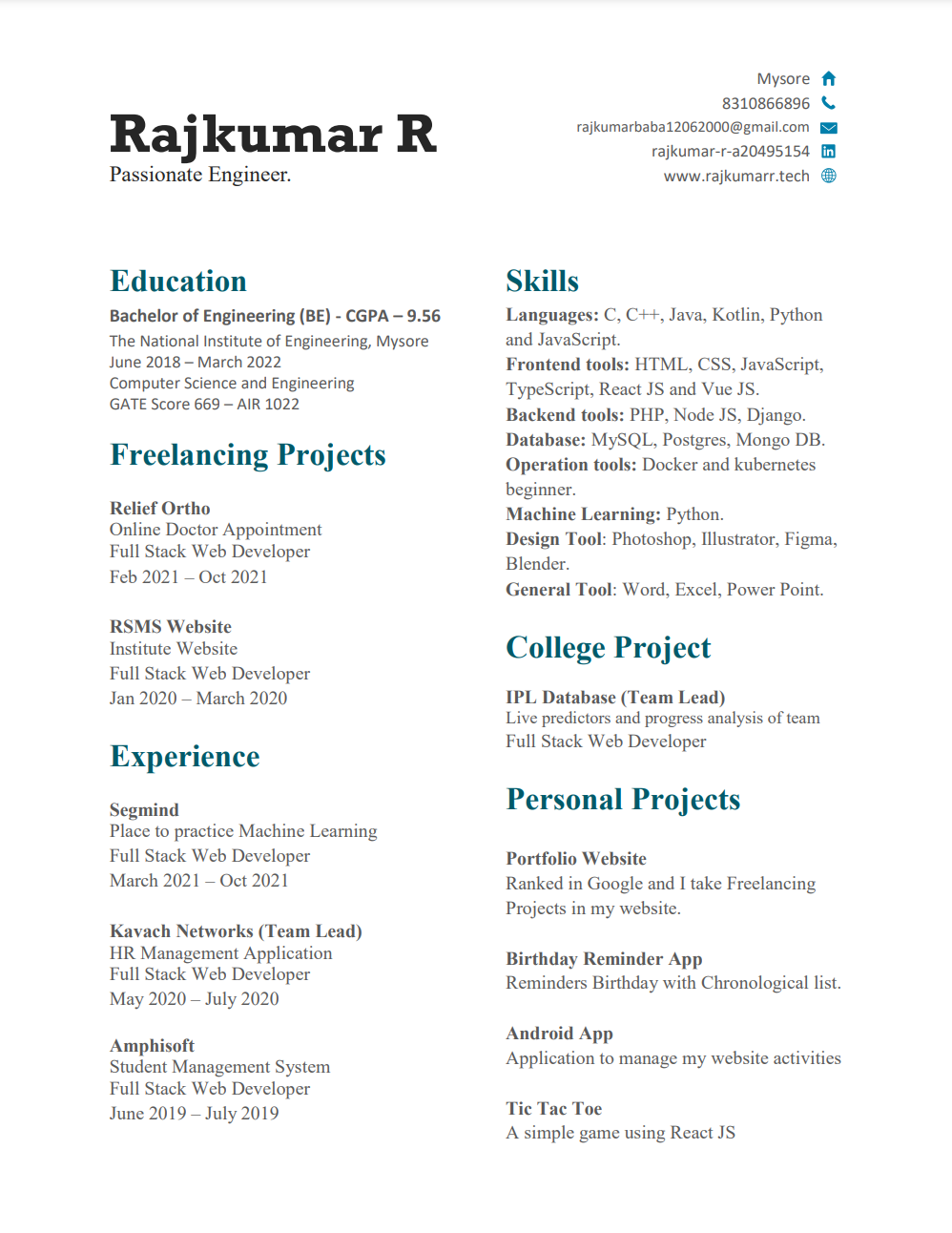 The first page of the developer resume