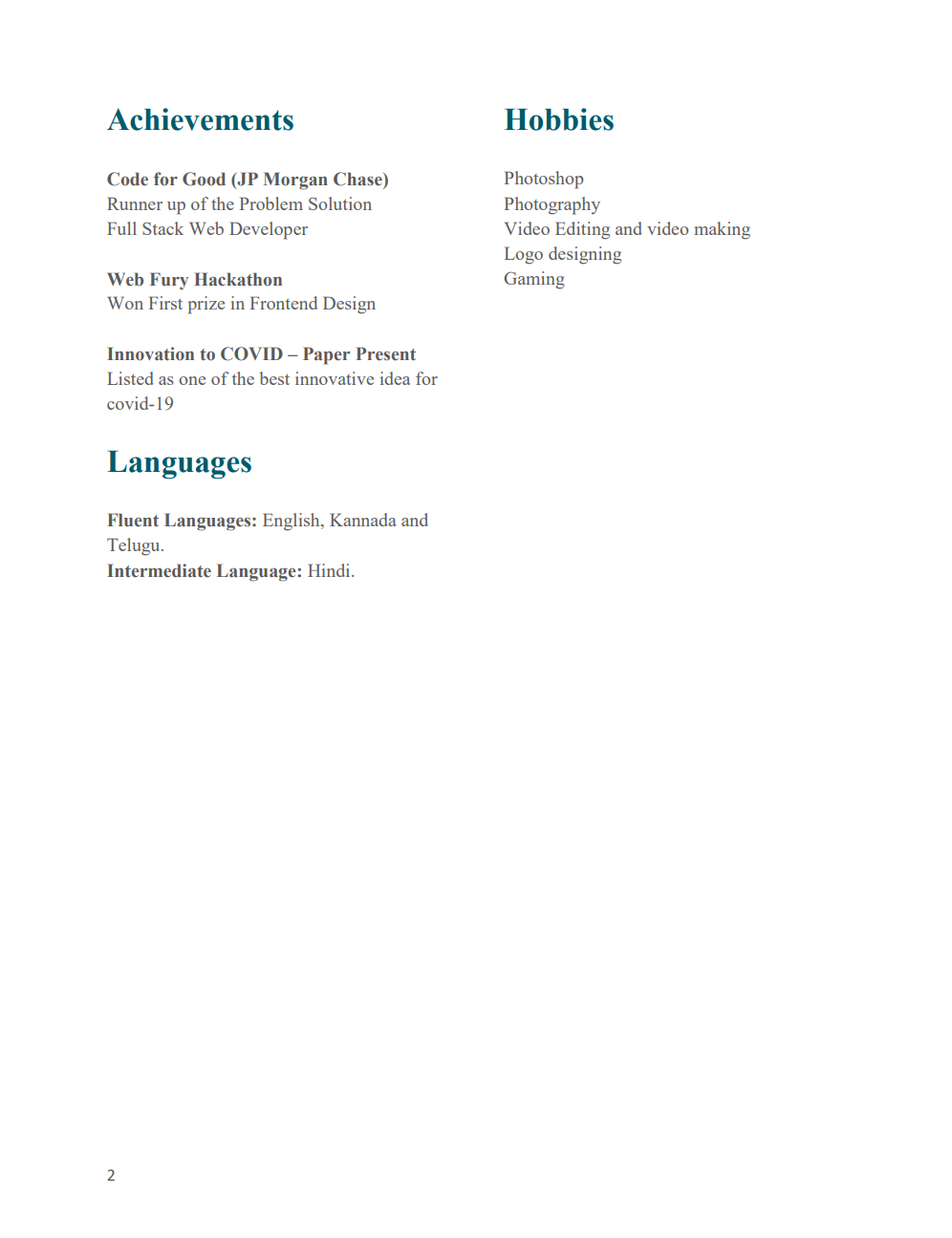 The second page of the developer resume